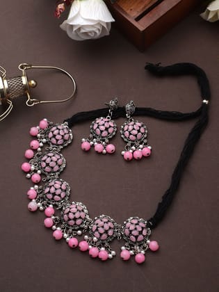 Cardinal Oxidized Silver Color Pink Stone Choker Necklace Set