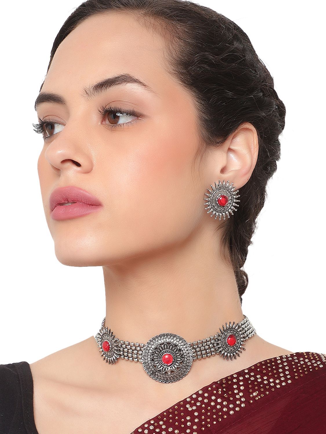 Cardinal Oxidized Silver Color Red Stone Choker Necklace Set