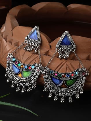 Cardinal Blue Minakari Light Weight Oxidized Chand Bali Earrings