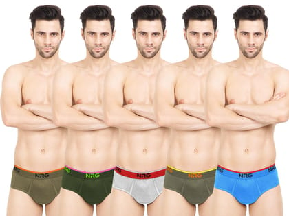 NRG Mens Cotton Assorted Colour Briefs  ( Pack of 5 Dark Green - Military green - Grey Melange - Light Green - Light Blue ) G02