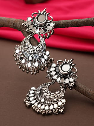 Cardinal Oxidized Silver Color Light Weight Mirror Jhumki Earrings