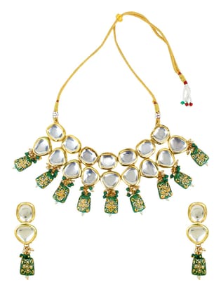 Cardinal Gold Plated Brass Green Color Stone Kundan Party Wear Necklace Set