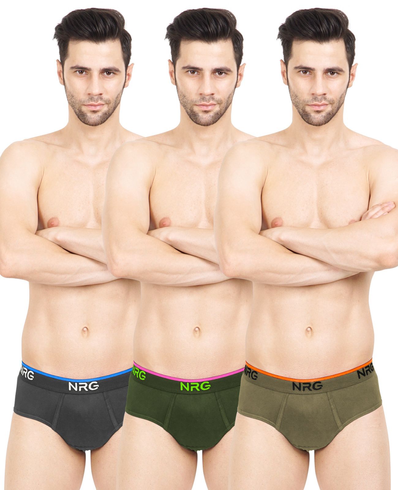 NRG Mens Cotton Assorted Colour Briefs  ( Pack of 3 Coffee Brown - Military Green - Dark Green ) G02