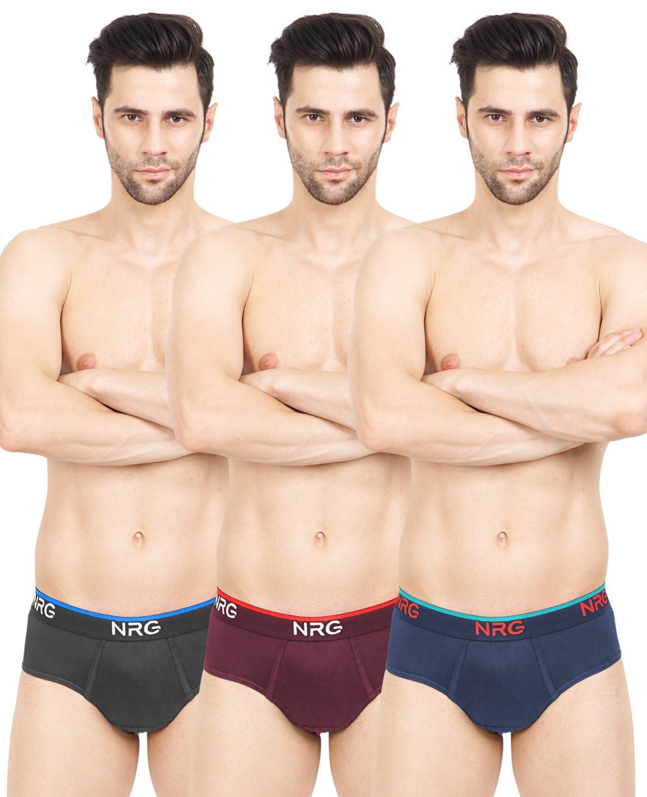 NRG Mens Cotton Assorted Colour Briefs  ( Pack of 3 Coffee Brown - Maroon - Navy Blue ) G02