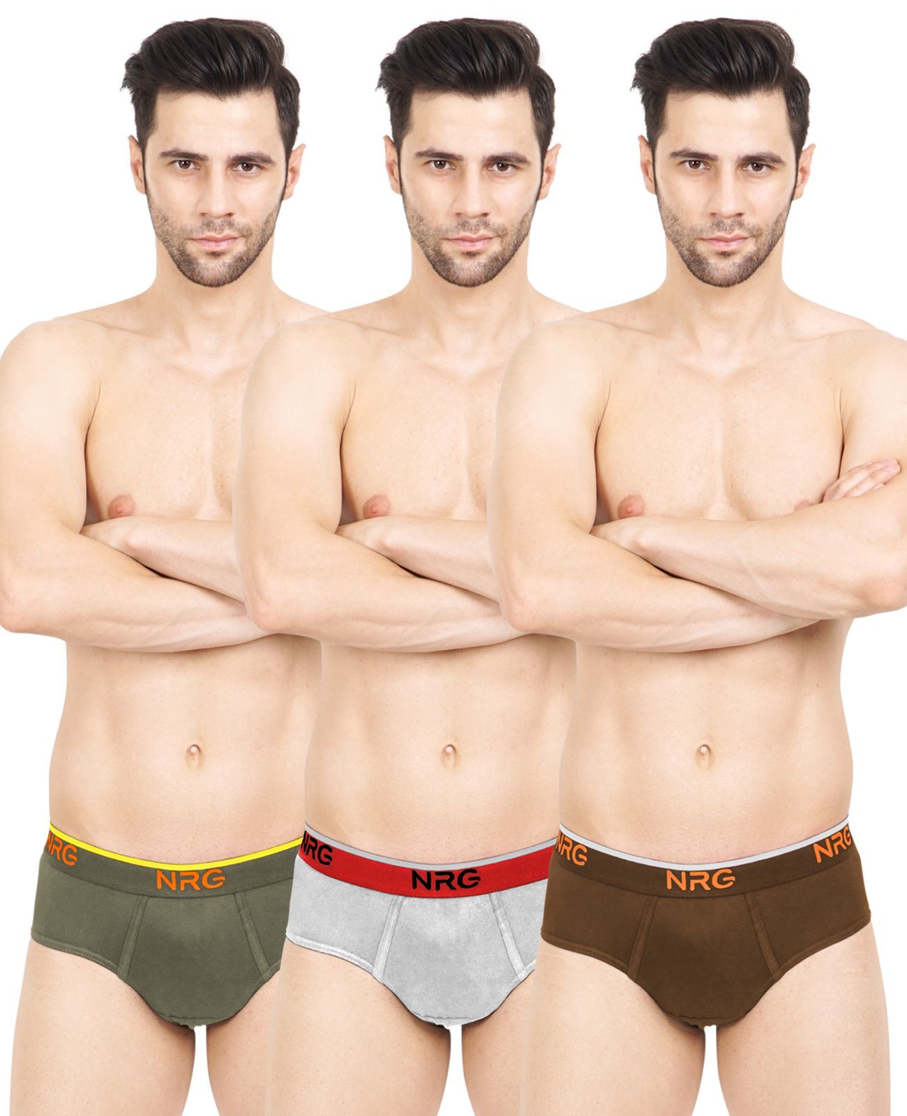 NRG Mens Cotton Assorted Colour Briefs  ( Pack of 3 Light Green - Grey Melange - Light Brown ) G02