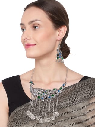 Oxidized Silver Color Multicolor Minakari Peacock Design Choker Necklace Set