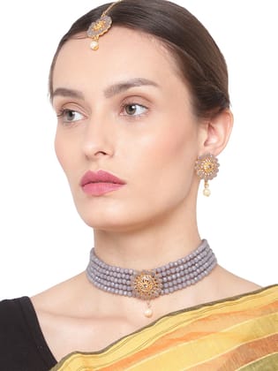 Cardinal Grey Color Onyx Multistring Gold Plated Brass Choker Necklace Set & Maang Tika