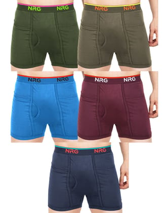 NRG Mens Cotton Assorted Colour Pocket Trunks ( Pack of 5 Military Green - Dark Green - Light Blue - Maroon - Navy Blue ) G13