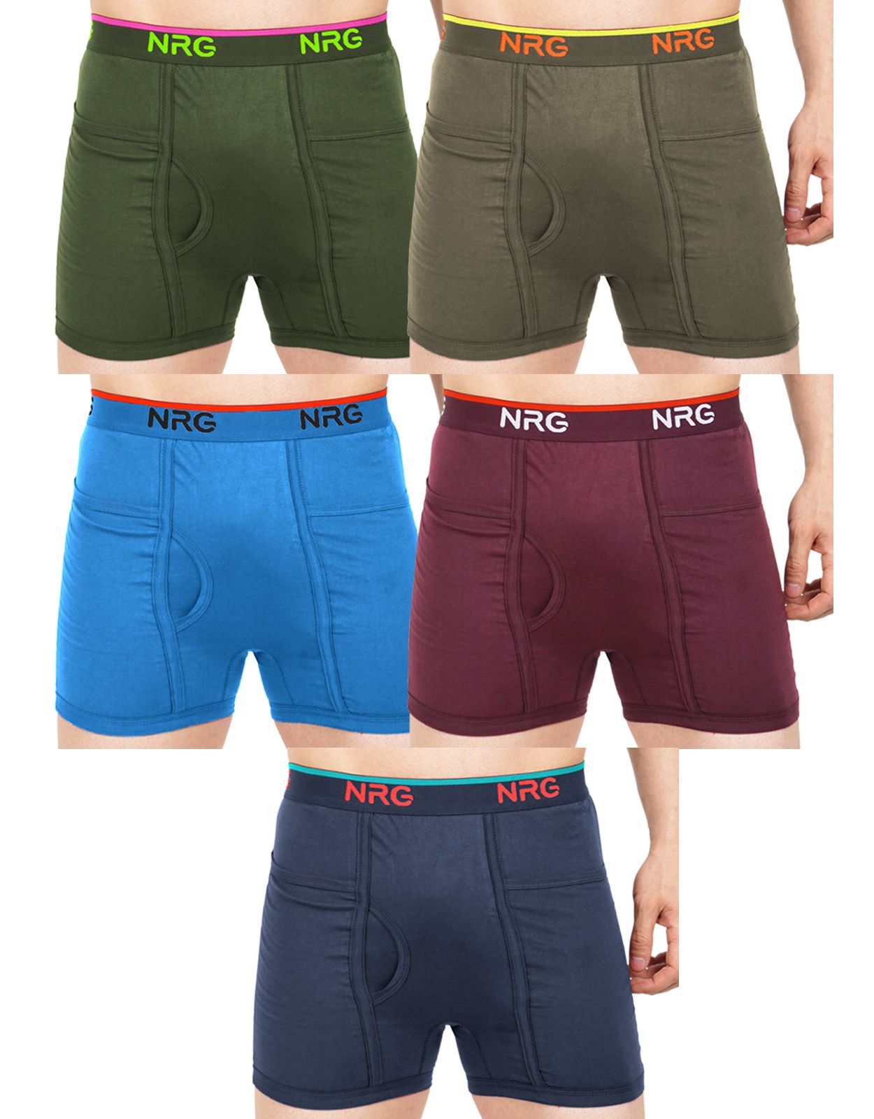 NRG Mens Cotton Assorted Colour Pocket Trunks ( Pack of 5 Military Green - Dark Green - Light Blue - Maroon - Navy Blue ) G13