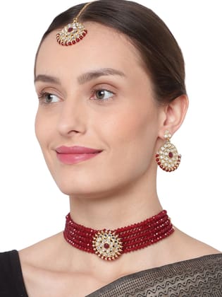 Cardinal Maroon Color Mirror Multistring Gold Plated Brass Choker Necklace set & Maang Tika