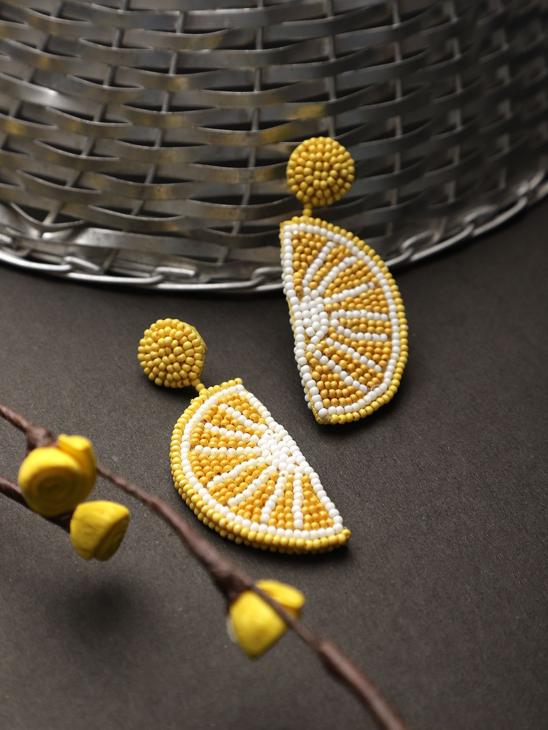 Cardinal Yellow & White Lemon Design Beads Weaving Handmade Earrings