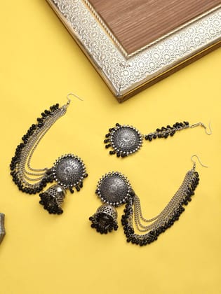 Cardinal Oxidized Silver Color Black Beads Maang Tika & Earrings