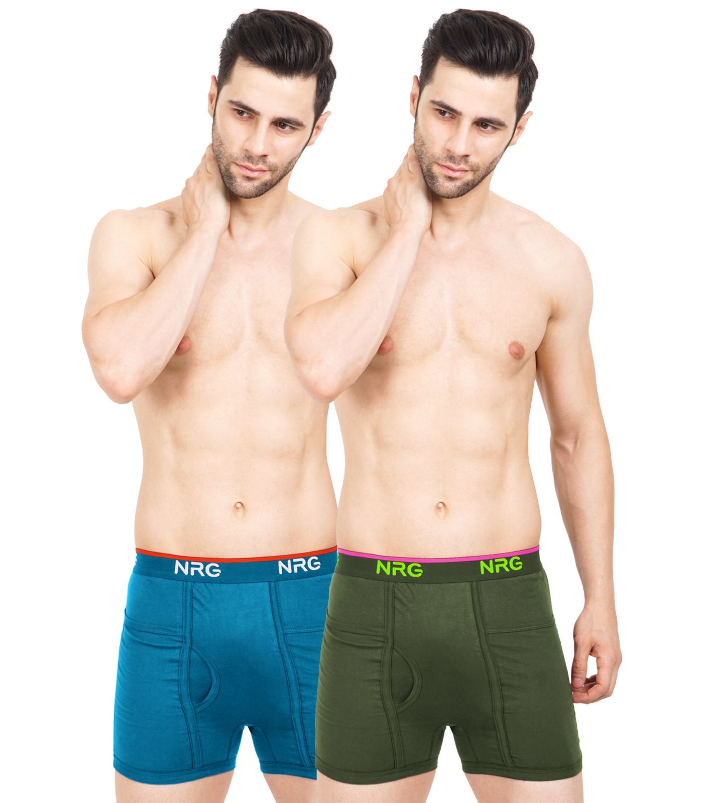 NRG Mens Cotton Assorted Colour Pocket Trunks ( Pack of 2 Turquoise - Military Green ) G13