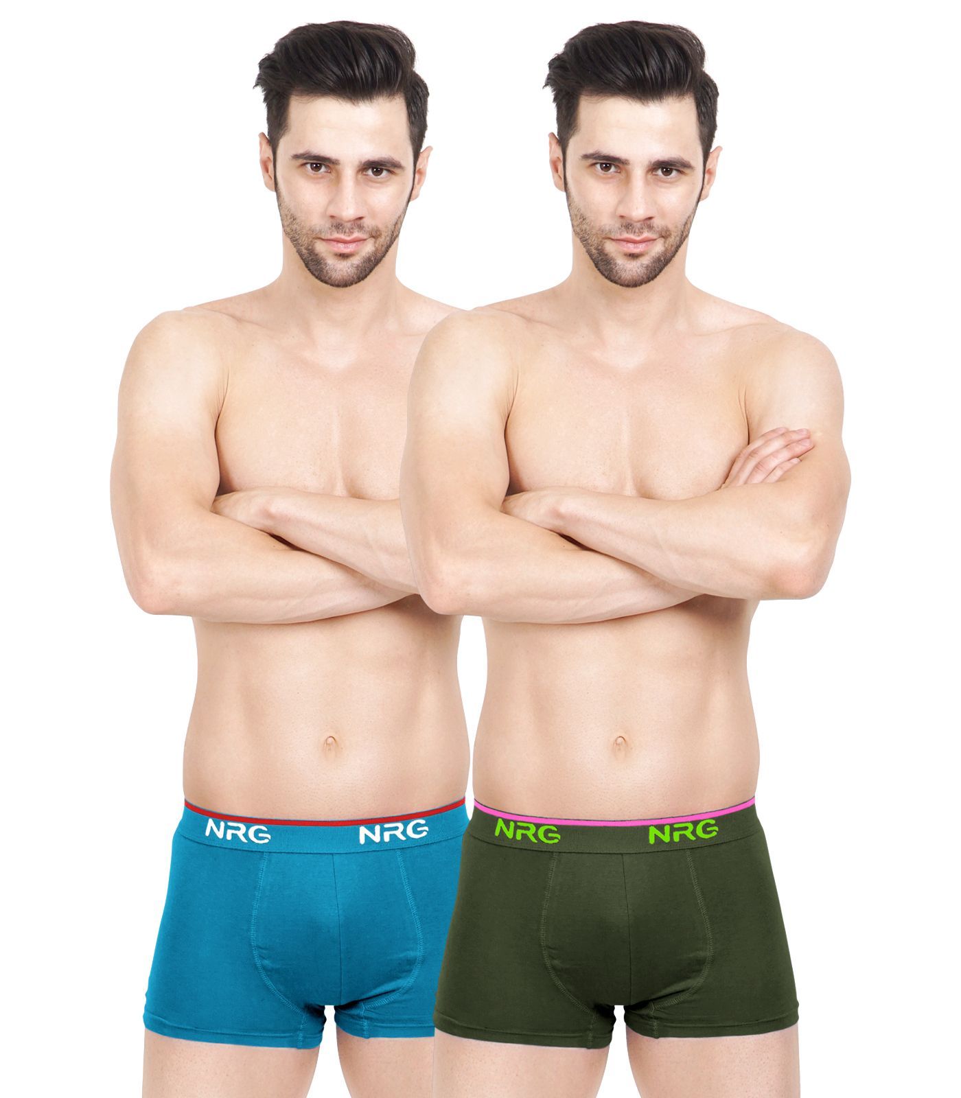 NRG Mens Cotton Assorted Colour Boxer Trunks ( Pack of 2 Turquoise - Military Green ) G15