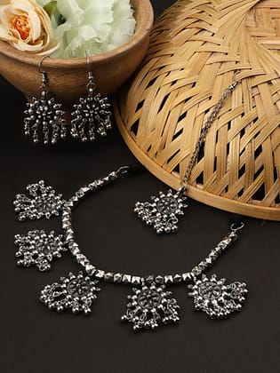 Cardinal Oxidized Silver Color Maang Tika & Necklace Set