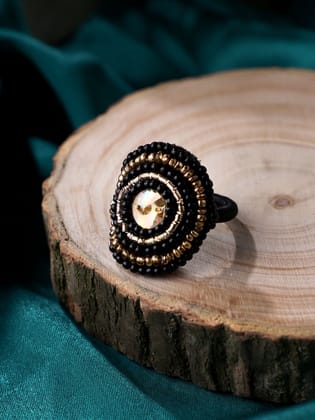 Cardinal Black & Gold Beads Weaving Handmade Adjustable Ring