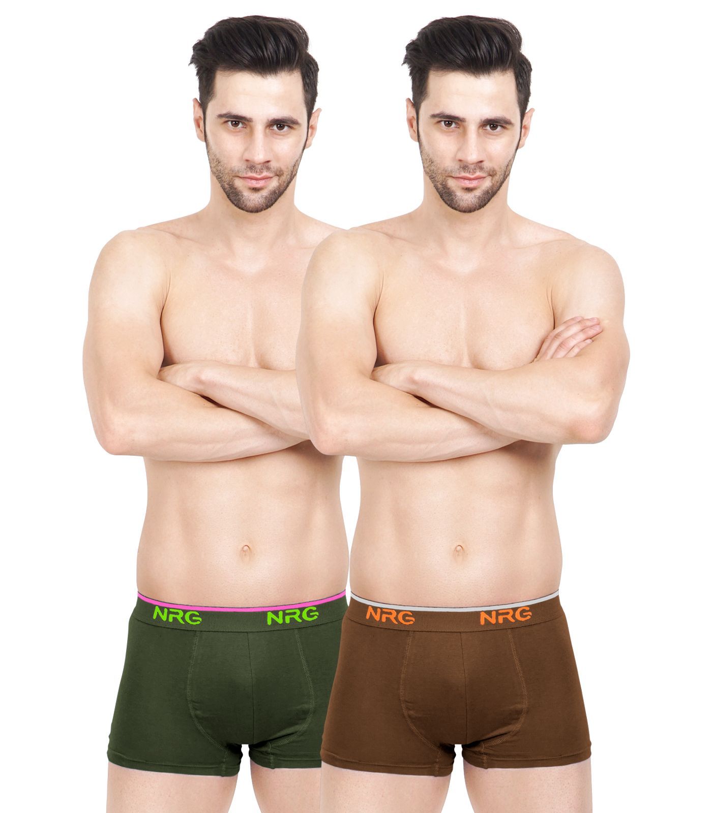 NRG Mens Cotton Assorted Colour Boxer Trunks ( Pack of 2 Military Green - Light Brown ) G15