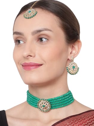 Cardinal Green Color Onyx Multistring Brass Gold Plated Necklace Set & Maang Tika