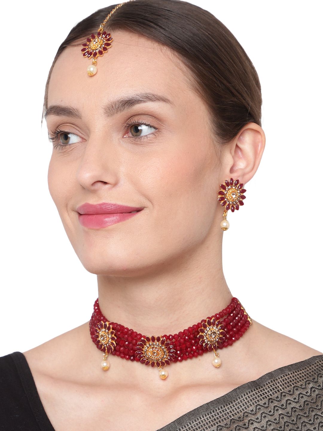 Cardinal Maroon Color Onyx Multistring Gold Plated Brass Choker Necklace Set & Maang Tika