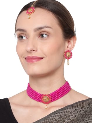 Cardinal Magenta Color Onyx Multistring Gold Plated Brass Choker Necklace Set &  Maang Tika