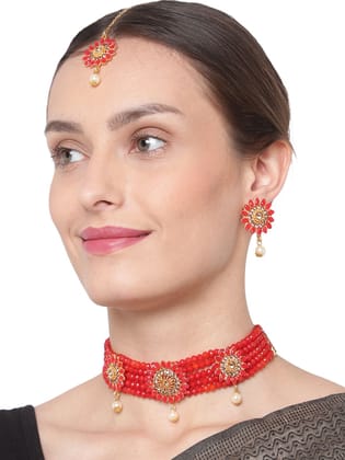 Cardinal Gold Plated Brass Red Color Onyx Multistring Choker Necklace Se & Maang Tika