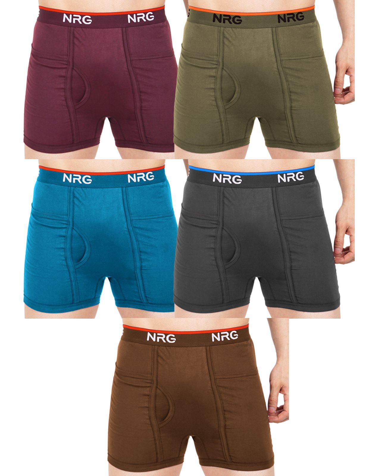 NRG Mens Cotton Assorted Colour Pocket Trunks ( Pack of 5 Maroon - Light Green - Turquoise - Coffee Brown - Light Brown ) G13