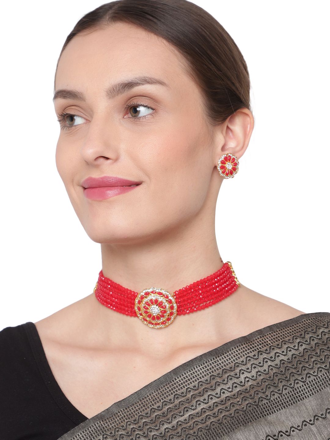 Cardinal  Red Color Onyx Multistring Gold Plated Brass Choker Necklace Set