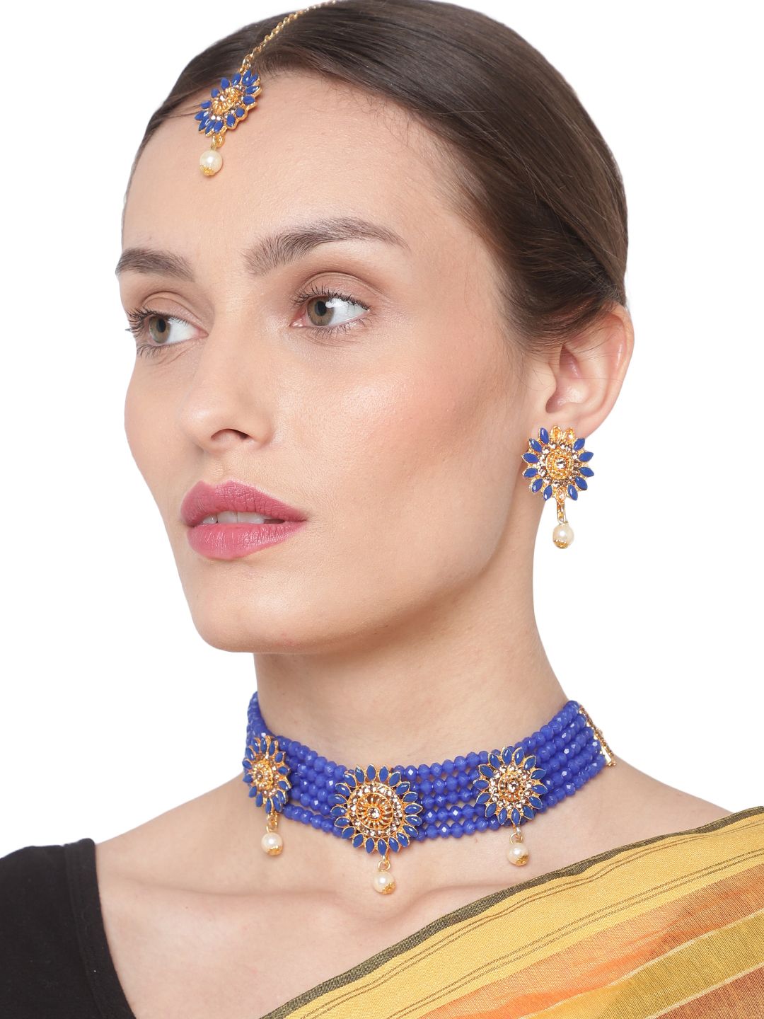 Cardinal Blue Color Onyx Multistring Gold Plated Brass Choker Necklace Set & Maang Tika