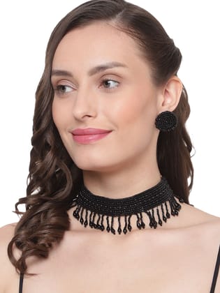 Cardinal Black Color Beads Handmade Weaving Choker Necklace Set