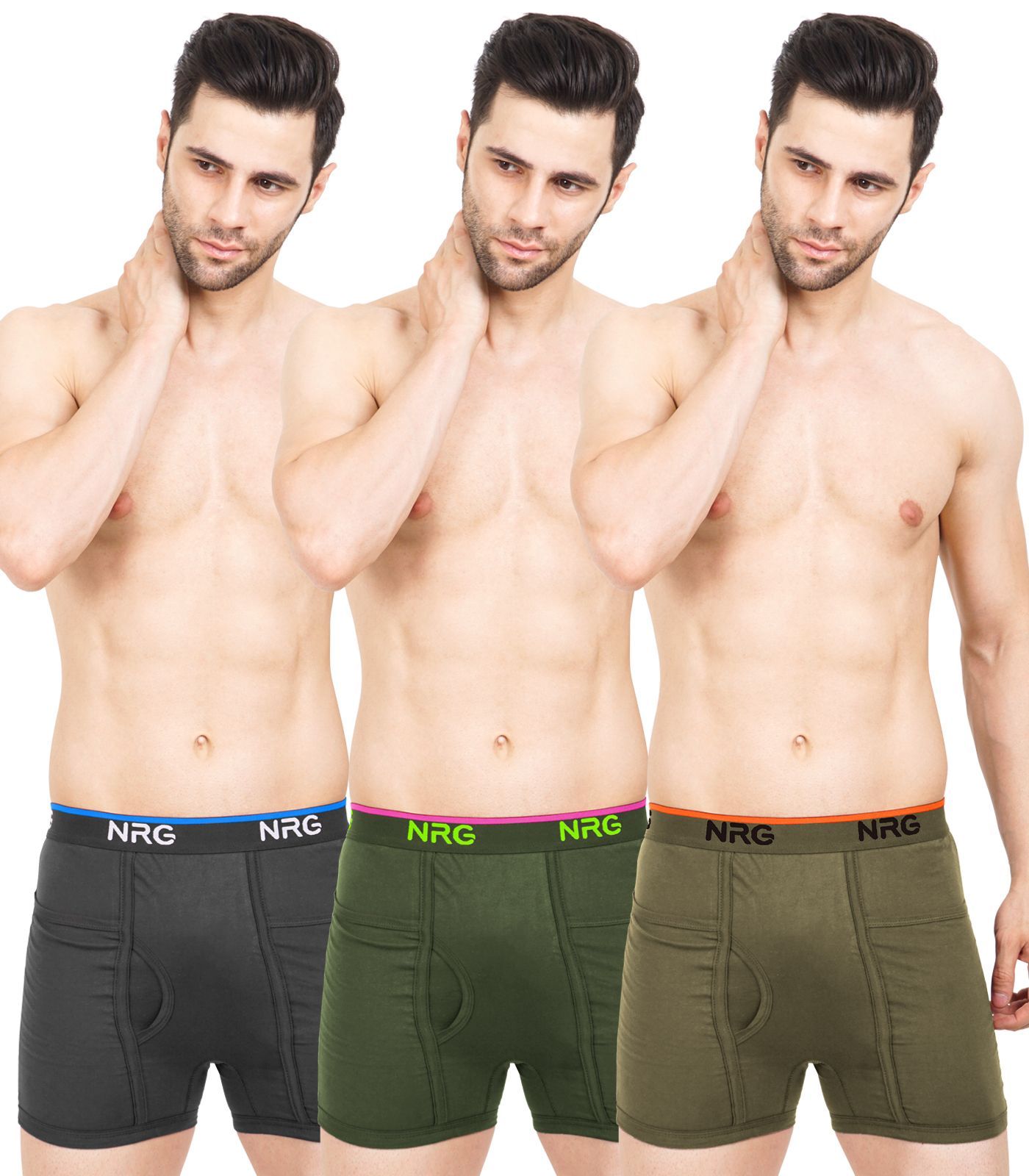 NRG Mens Cotton Assorted Colour Pocket Trunks ( Pack of 3 Coffee Brown - Military Green - Light Green ) G13