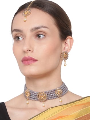 Cardinal Gold Plated Brass Grey Color Onyx Multistring Choker Necklace Set & Earrings & Maang Tika