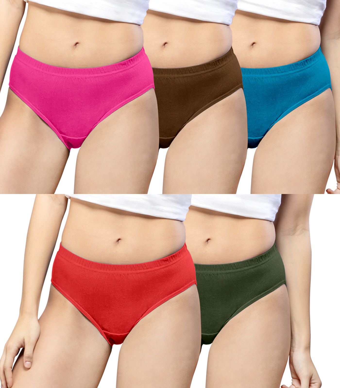 NRG Womens Cotton Assorted Colour Panties ( Pack of 5 Red - Turquoise - Pink - Military Green - Dark brown ) L01 Hipster