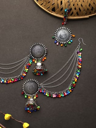 Cardinal Oxidized Silver Multicolor Beads Maang tika & Jhumki Earrings