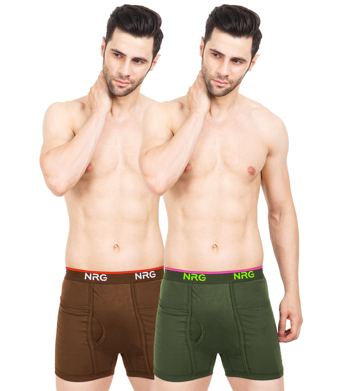 NRG Mens Cotton Assorted Colour Pocket Trunks ( Pack of 2 Light Brown - Military Green ) G13