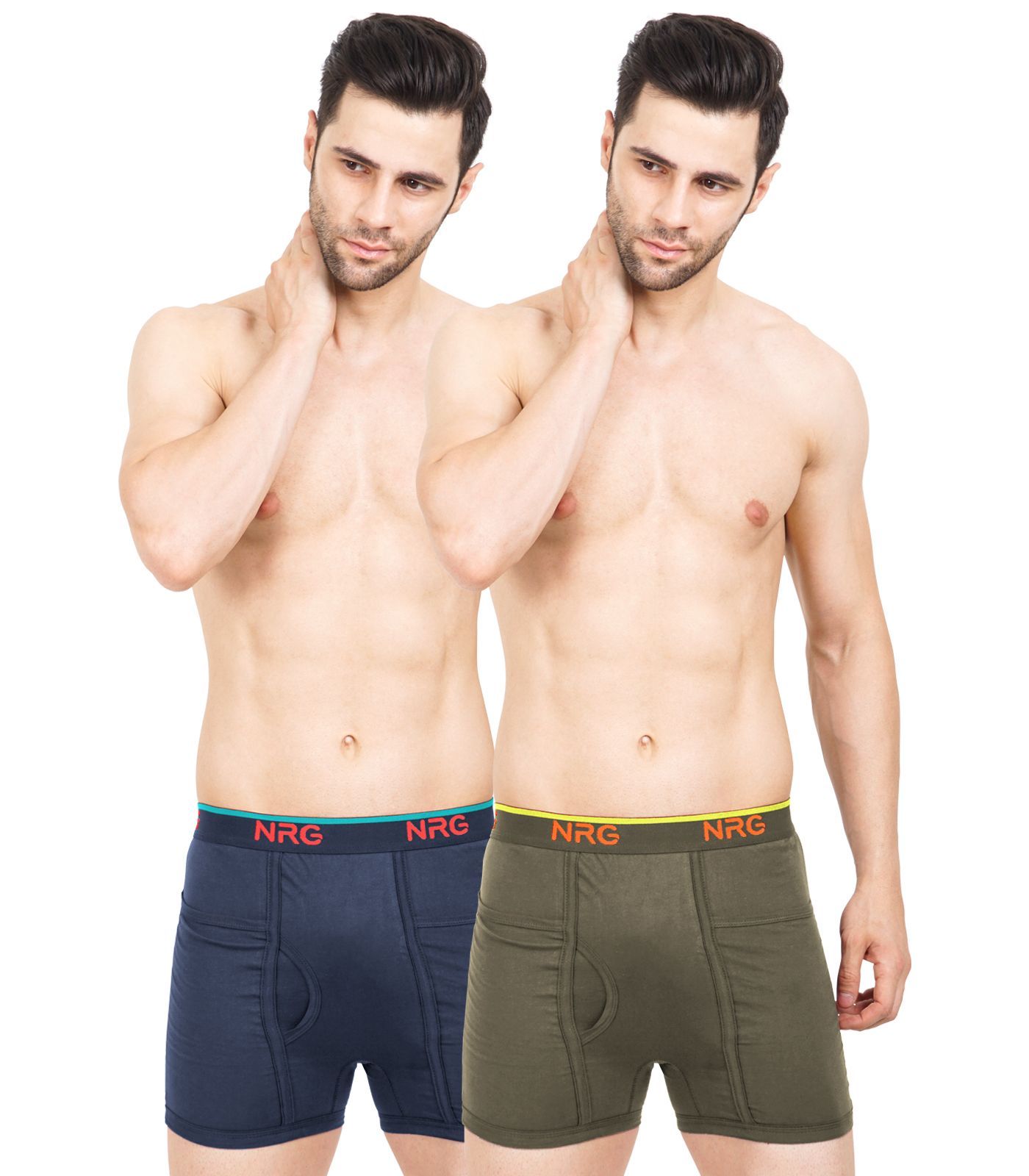 NRG Mens Cotton Assorted Colour Pocket Trunks ( Pack of 2 Navy Blue - Dark Green ) G13