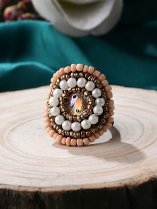 Cardinal Brown & White Beads Adjustable Ring