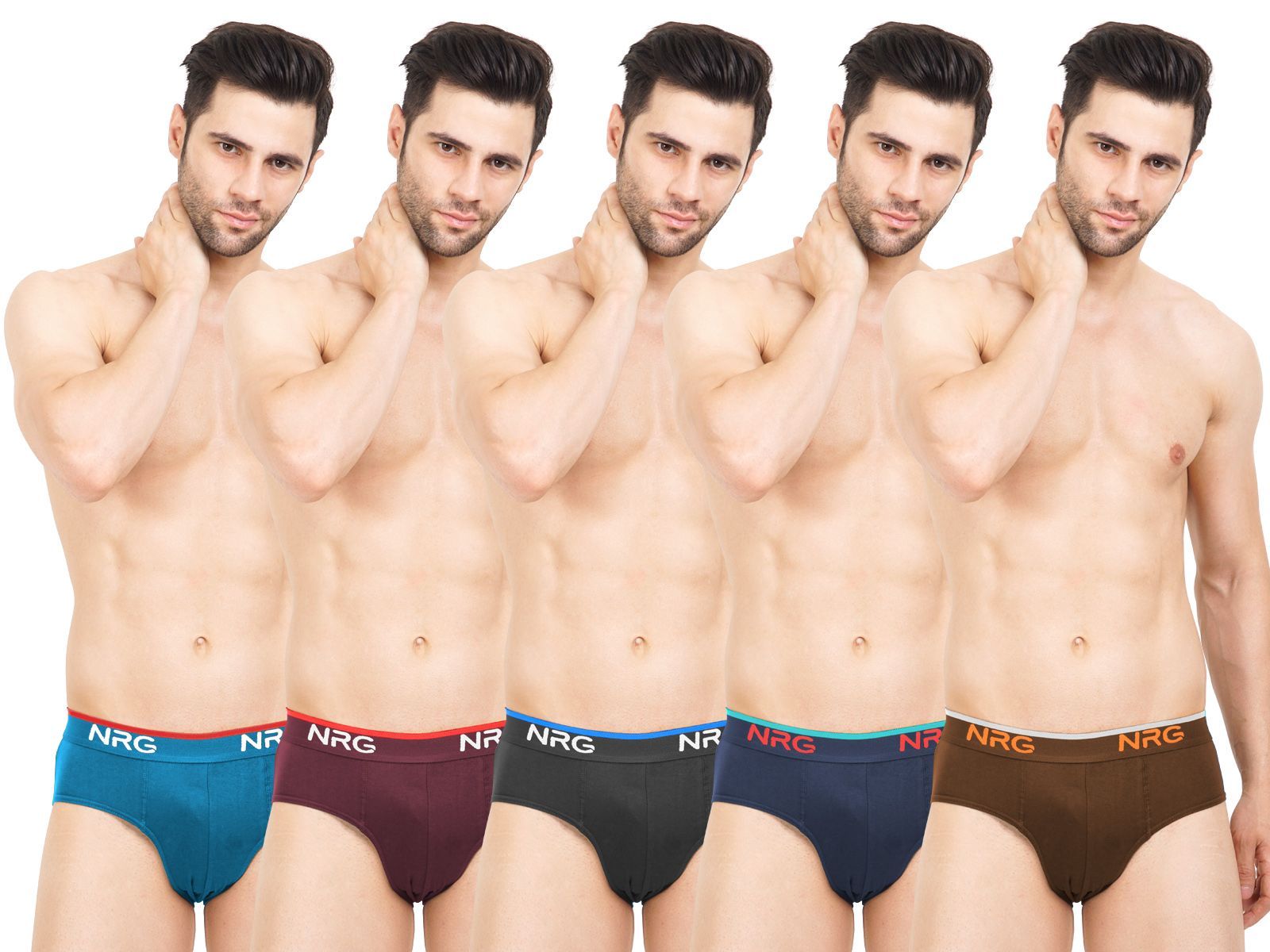 NRG Mens Cotton Assorted Colour Briefs  ( Pack of 5 Turquoise - Marron - Coffee Brown - Navy Blue - Light Brown ) G03