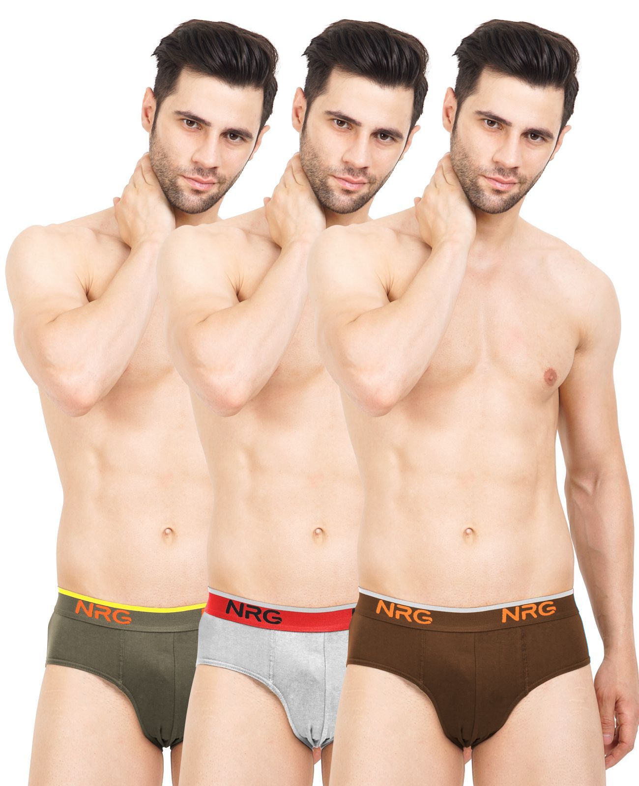 NRG Mens Cotton Assorted Colour Briefs  ( Pack of 3 Dark Green - Grey Melange - Light Brown ) G03