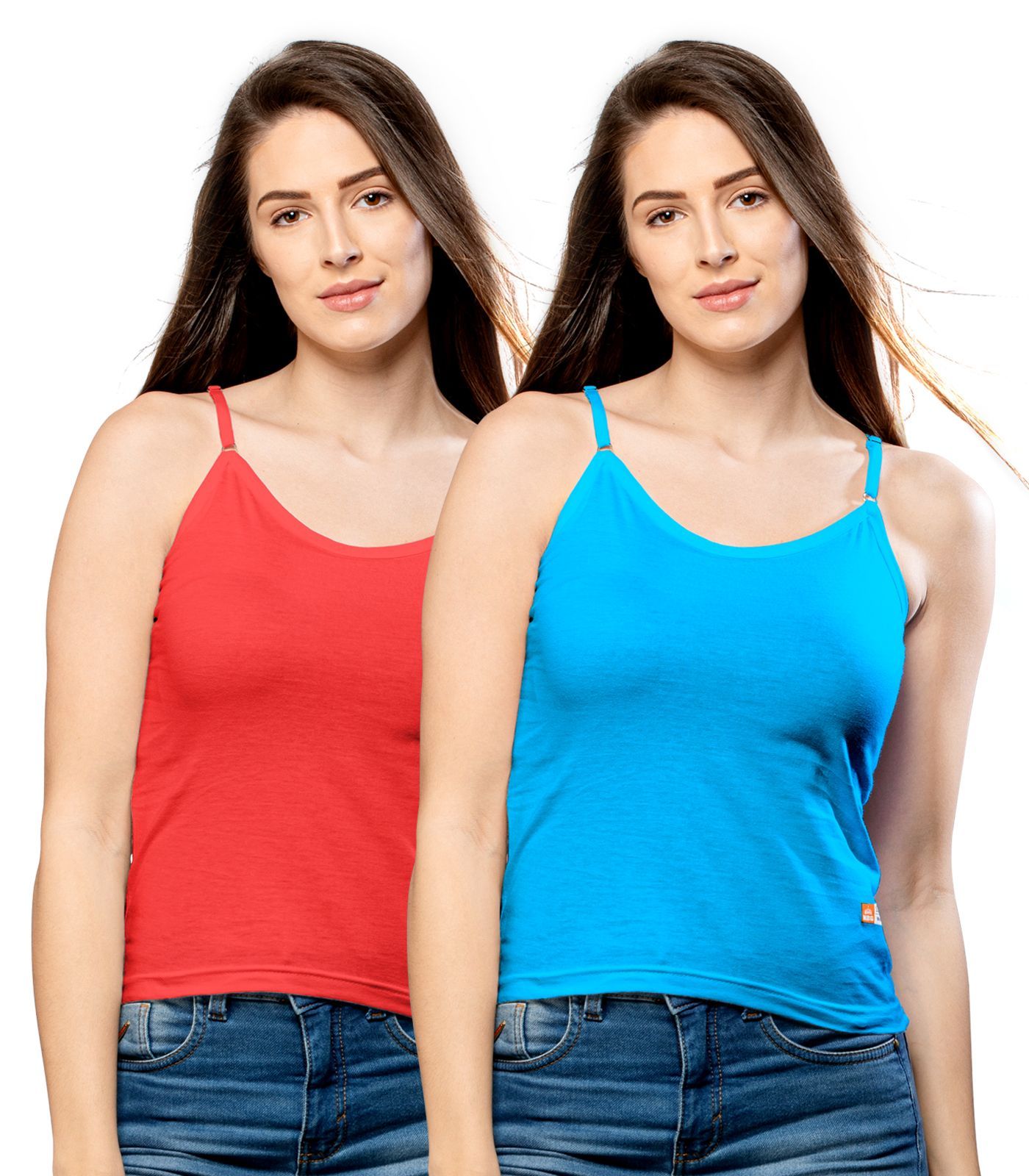 NRG Womens Cotton Assorted Colour Adjustable Slips ( Pack of 2 Red - Turquoise ) L13 Camisole