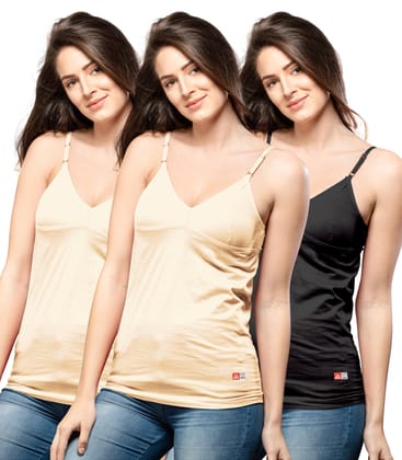 NRG Womens Cotton Assorted Colour Bra Slips ( Pack of 3 Skin - Skin - Black ) L14 Camisole