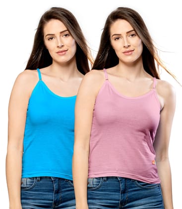 NRG Womens Cotton Assorted Colour Adjustable Slips ( Pack of 2 Turquoise - Pastol Pink ) L13 Camisole