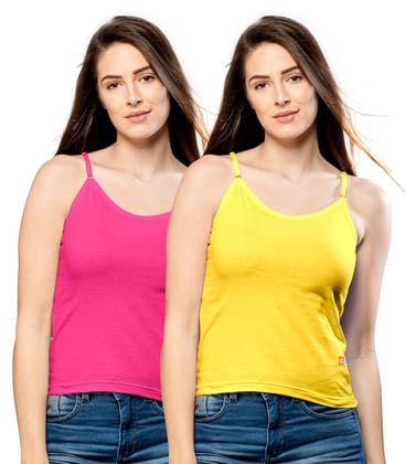 NRG Womens Cotton Assorted Colour Adjustable Slips ( Pack of 2 Pink - Yellow ) L13 Camisole