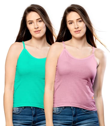 NRG Womens Cotton Assorted Colour Adjustable Slips ( Pack of 2 Mint Green - Pastol Pink ) L13 Camisole