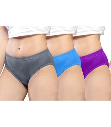 NRG Womens Cotton Assorted Colour Panties ( Pack of 3 Grey - Light Blue - Purple ) L01 Hipster