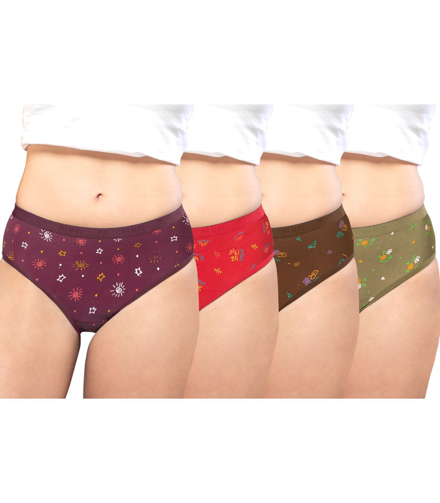 NRG Womens Cotton Assorted Colour Panties ( Pack of 4 Maroon - Red - Light Brown - Light Green ) L05 Hipster