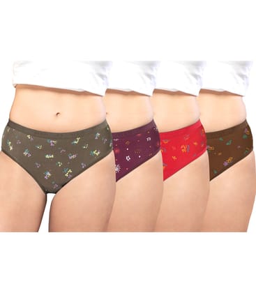 NRG Womens Cotton Assorted Colour Panties ( Pack of 4 Dark Green - Maroon - Red - Light Brown ) L05 Hipster