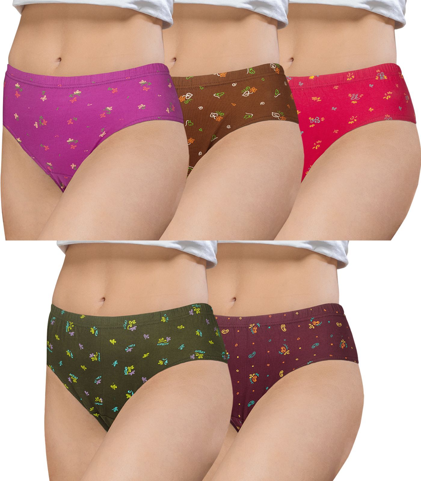 NRG Womens Cotton Assorted Colour Panties ( Pack of 5 Purple - Light Brown - Pink - Dark Green - Maroon ) L02 Hipster