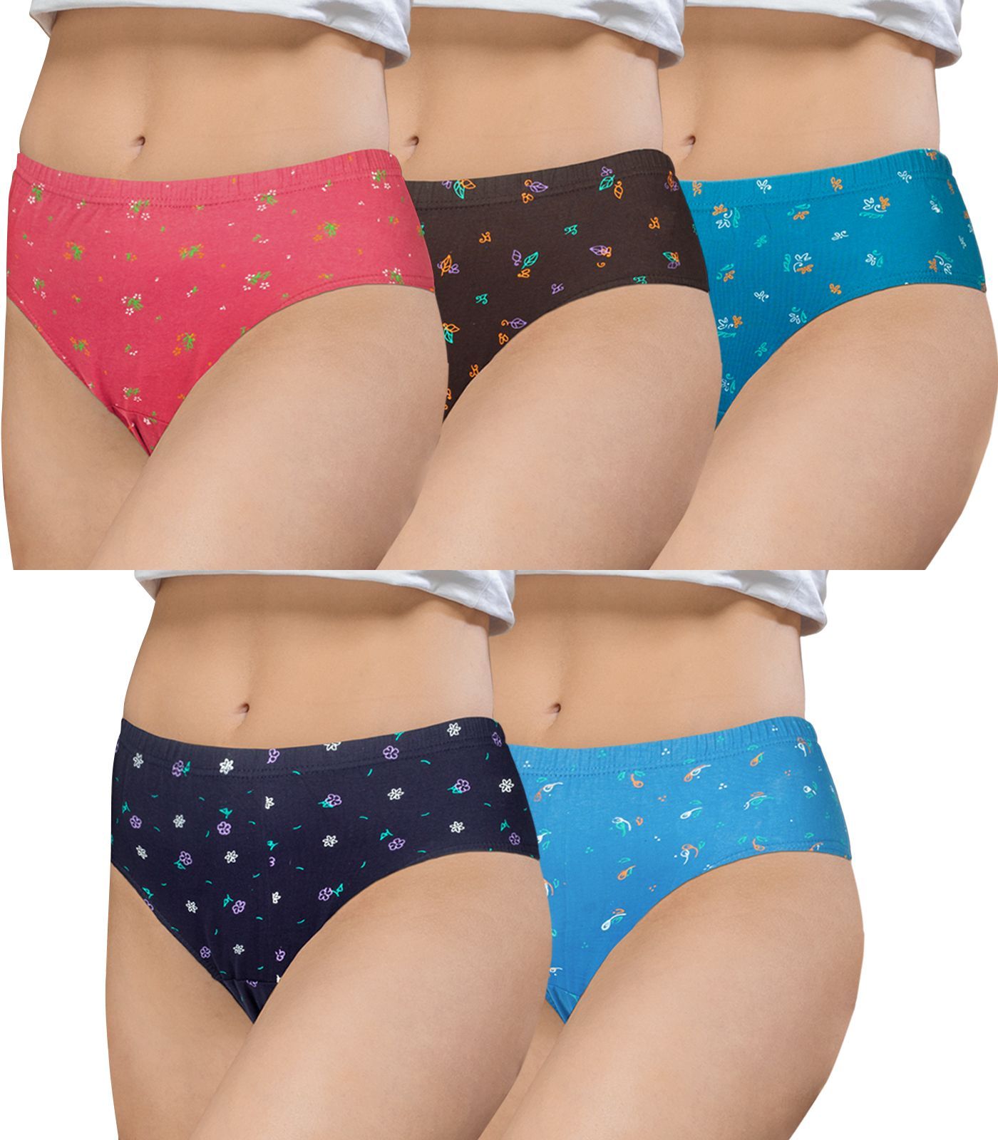 NRG Womens Cotton Assorted Colour Panties ( Pack of 5 Peach - Light Brown - Turquoise - Navy Blue - Light Blue ) L02 Hipster