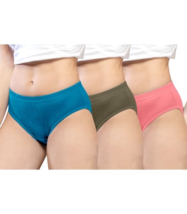 NRG Womens Cotton Assorted Colour Panties ( Pack of 3 Turquoise - Dark Green - Peach ) L01 Hipster