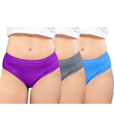 NRG Womens Cotton Assorted Colour Panties ( Pack of 3 Purple - Grey - Light Blue ) L04 Hipster